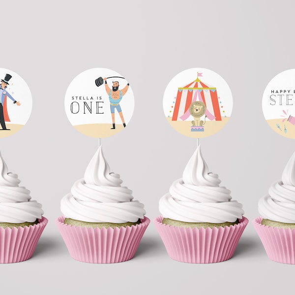 Circus Birthday Cupcake Toppers, Modern Circus Party Printables, Carnival, Circus Theme Decorations, Editable Templates, Instant Download