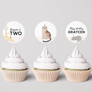 Kitty Cat Birthday Party Toppers: Editable Corjl Template (Instant Download)