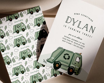 Garbage Truck Birthday Invitation, Modern Garbage Truck Invite, Dump Everything, Muted Garbage Truck, Editable Template, INSTANT DOWNLOAD