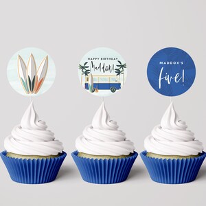 Modern Surf Birthday Cupcake Toppers, Surfing Birthday, Surf's Up, Blue Surfboard, Surfing Party Decorations, INSTANT DOWNLOAD