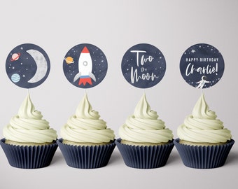 Two the Moon Cupcake Toppers: Space Birthday Decorations (INSTANT DOWNLOAD)