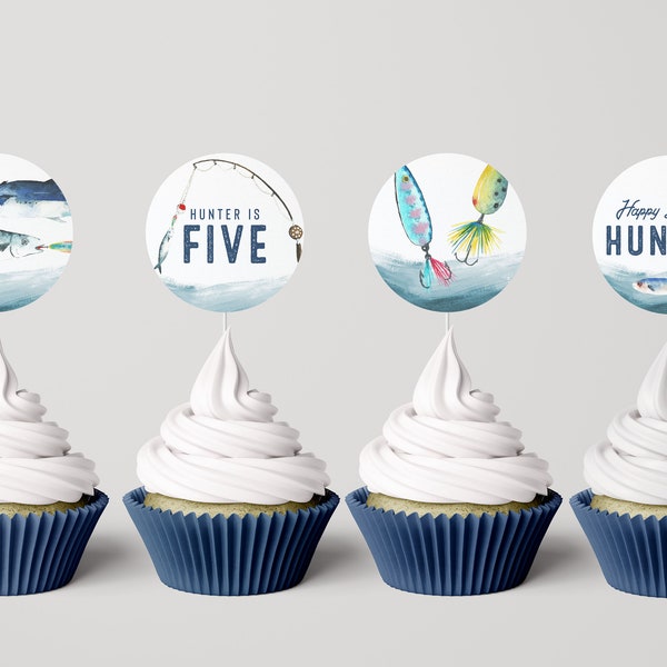 Fishing Cupcake Toppers, O-fish-ally, The Big ONE, Fishing Birthday Party, Reel in the Fun, Editable Toppers, INSTANT DOWNLOAD