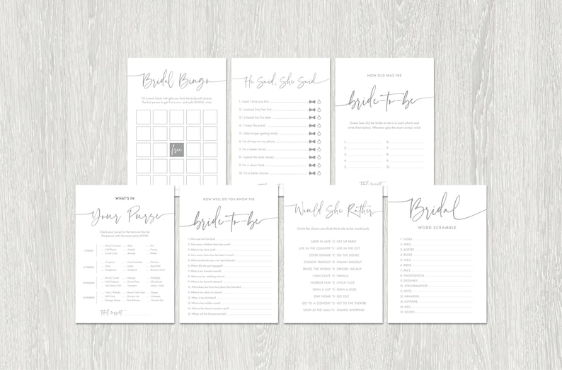 Silver Bridal Shower Games 5x7 Digital Printable Files Bridal Shower Games Instant Download
