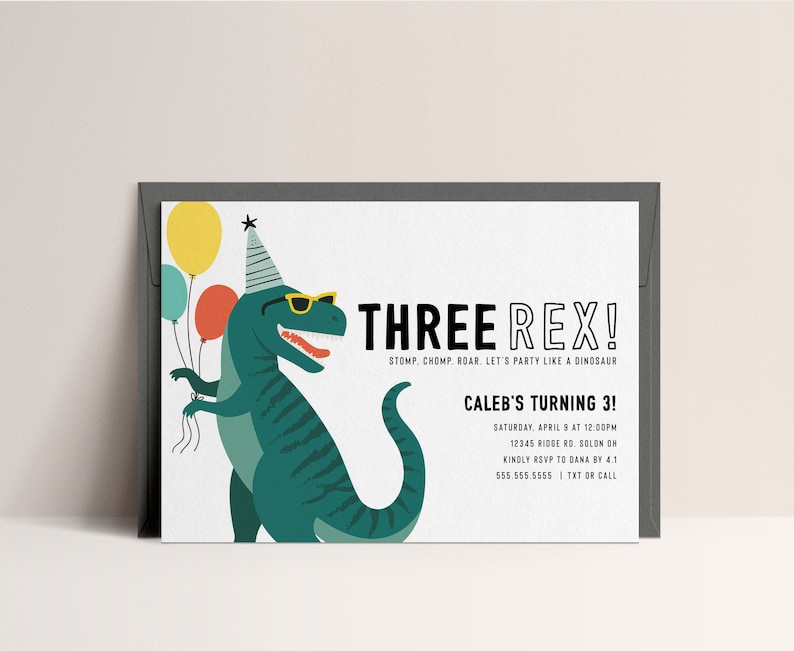 Three Rex Dinosaur Birthday Invitation Modern Tyrannosaurus Dinosaur Invitation Editable Digital Invitation Template INSTANT DOWNLOAD image 1