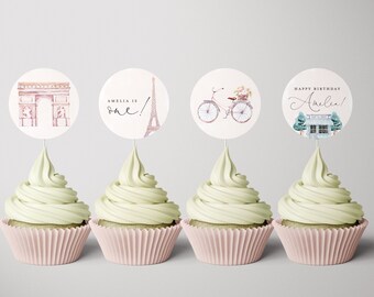 Paris Birthday Cupcake Toppers: French Cafe, Editable (INSTANT DOWNLOAD)