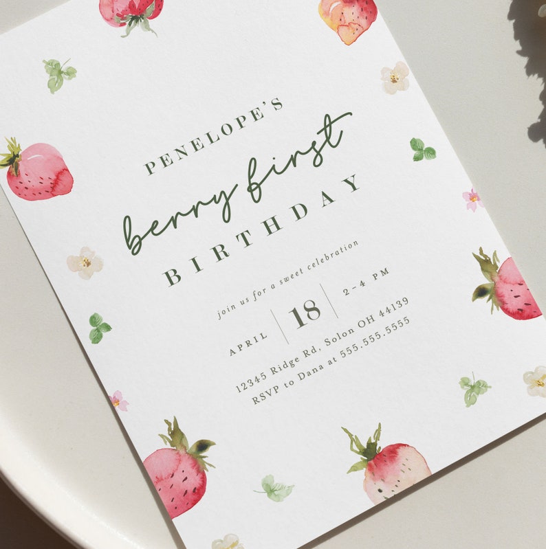 Berry First Birthday Invitation Modern Strawberry Invitation Strawberry Birthday Editable Digital Template INSTANT DOWNLOAD image 4