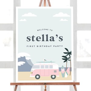 Surf Girl Birthday Welcome Sign: Retro Pink Template (Instant Download)