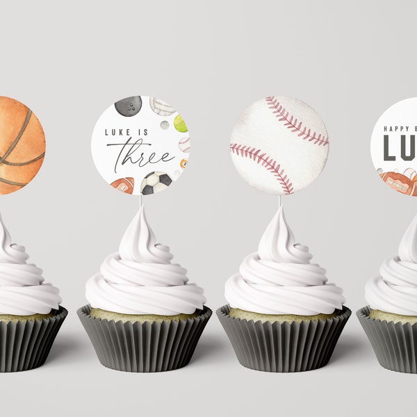 Balles de sport pour cupcakes, décorations d'anniversaire de sport, basket-ball, football, base-ball, modèle modifiable