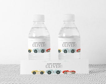 Vintage Race Car Water Bottle Label: Editable Birthday Party Favor (Instant Download)