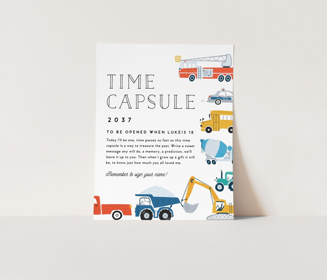 Transportation Time Capsule Sign and Card: Truck & Cars Birthday ...