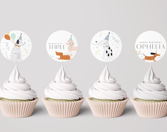 Dog Party Cupcake Toppers, Puppy Birthday Party, Dog Theme Birthday, Editable Digital Download Corjl Template
