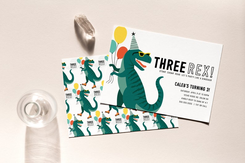 Three Rex Dinosaur Birthday Invitation Modern Tyrannosaurus Dinosaur Invitation Editable Digital Invitation Template INSTANT DOWNLOAD image 2