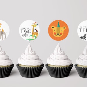 Party Animals Cupcake Toppers, Editable Toppers, Safari, Elephant, Jungle Animals, Wild One, Two Wild, Party Animals, INSTANT DOWNLOAD