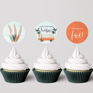 Modern Surf Birthday Cupcake Toppers, Surfing Birthday, Surf's Up, Orange Surfboard, Surfing Party Decorations, INSTANT DOWNLOAD