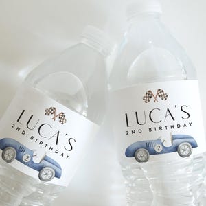 Race Car Water Bottle Label Template, Vintage Race Car, Blue Race Car, Two Fast, Fast One, Editable Digital Template, INSTANT DOWNLOAD