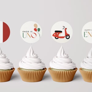 Vespa Birthday Cupcake Toppers, Italian Theme Party, Uno Birthday, Italy Theme, Italian, Vespa Scooter, Digital Editable Template