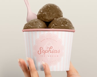 Pegatina de cumpleaños de helado editable, logotipo de fiesta social de helado, plantilla digital imprimible de cono de helado pastel Descarga instantánea