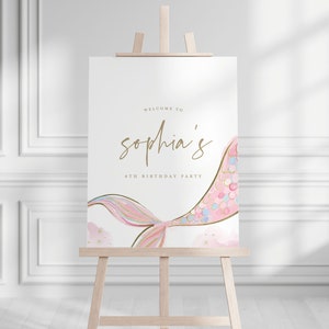 Pink Mermaid Birthday Welcome Sign: Watercolor Party Decor (INSTANT DOWNLOAD)