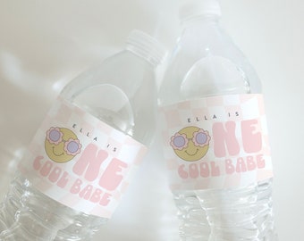 One Cool Babe Water Labels, Checkered Pink Smiley Face Water Bottle Template Retro Girl 1st Birthday Digital Editable Instant Download