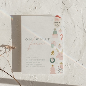 Oh wat leuk verjaardagsuitnodiging, kerstverjaardag, meisje verjaardag, pastel kerstuitnodiging, bewerkbare digitale sjabloon Corjl download