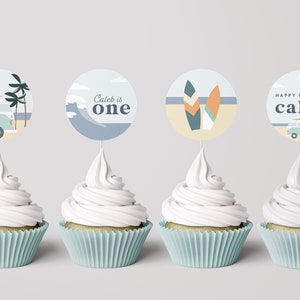 Modern Surf Cupcake Toppers, Editable Surf Birthday Decorations, Beach Surfing Party, Retro Surf, INSTANT DOWNLOAD