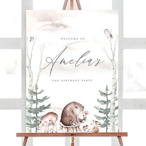 Winter Woodlands Welcome Sign, Woodland Animals, Welcome Sign, Woodlands Birthday, Forest Animals, Editable Sign,  INSTANT DOWNLOAD