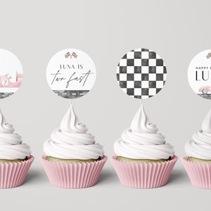 Pink Race Car Cupcake Toppers, Two Fast Birthday, Fast One Vintage Race Car Birthday, Editable Digital Template INSTANT DOWNLOAD