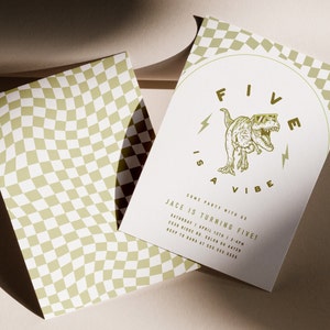 Five is a Vibe Dinosaur Birthday Invitation Retro T Rex Checkered Invitation Editable Digital Invitation Template INSTANT DOWNLOAD