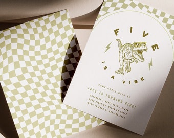 Five is a Vibe Dinosaur Birthday Invitation Retro T Rex Checkered Invitation Editable Digital Invitation Template INSTANT DOWNLOAD