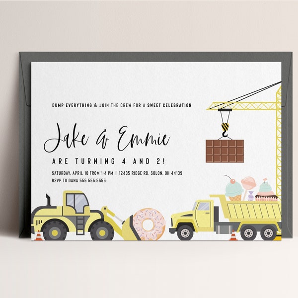 Sibling Birthday Invitations, Joint Birthday Invites, Muted Construction Trucks, Two Sweet, Sweet One, Editable Invitation, INSTANT DOWNLOAD