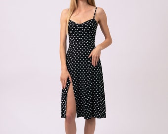 Black and White Polka Dot Romantic Grunge Corset Dress, Flirty Strap Summer Dress, size XXS-XS, ti.nyu, tinyu