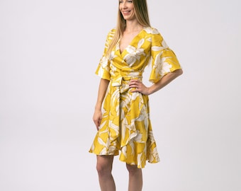 Yellow Flower Print Wrap Dress, Handmade Floral Midi Dress, Summer Dress, Women's Clothing, Flowy Dress Size, EU 36-US 4-UK 8, ti.nyu, tinyu