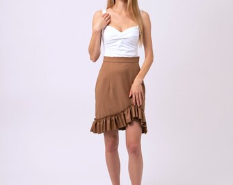 Brown Elegant Classic Office Assymetric mini skirt with ruffles | LIMITED EDITION | ti.nyu | tinyu