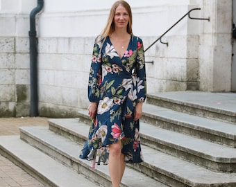 Navy Blue Floral Print Midi Wrap Dress, Handmade Dress, Elegant and Classic Style, size XS/S, EU 34-36, US 2-4,