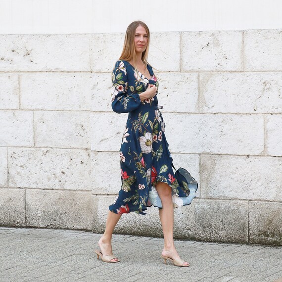 blue floral wrap midi dress Blue Floral Wrap Midi Dress main image 0