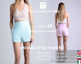 High Waisted Vintage Shorts Pattern, DIY Sewing Pattern, PDF Download, Women's Shorts, Summer Fashion, Instant Access Size XS / us 2 / uk 6