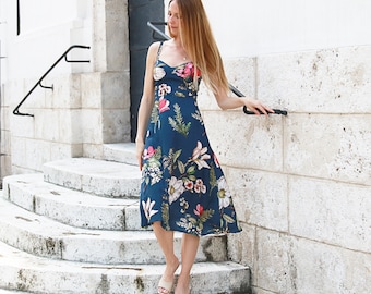 Navy Blue Floral Print Midi Corset Dress, Handmade Women's Fashion, Elegant and Classic Style size xs, EU 34, US 2, UK 6, ti.nyu, tinyu