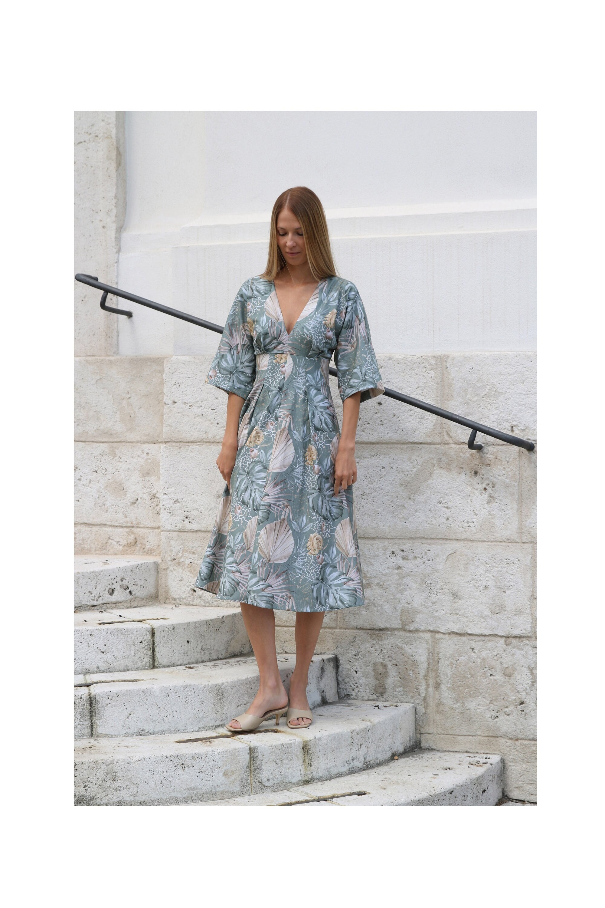 Sage Green Midi Dress With Floral Print Ti.nyu Tinyu - Etsy