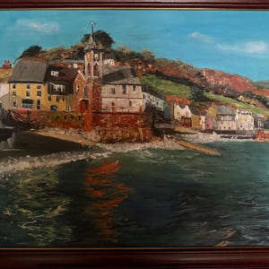 May include: A painting depicting a coastal town with colourful buildings, a church with a clock tower, and a green hillside. The town is situated on a body of water with a blue sky and white clouds. The water is reflecting the sunlight.