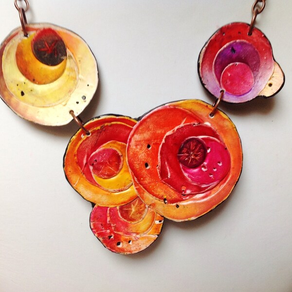 Polymer clay, "Fire's flowers", necklace, handmade, unique, handpainted