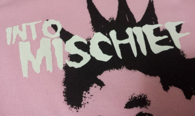 Into Mischief hand screen printed, red or pink, cotton infant onesie for Misfits & punk fans image 3