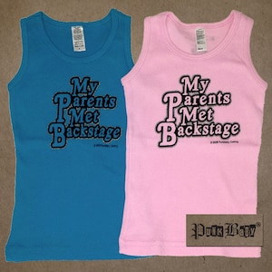 My Parents Met Backstage hand screen printed, pink or teal, kids, cotton baby-rib tank top for Rolling Stone toddlers