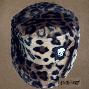 Faux fur Leopard cowboy and bucket hat with embroidered skull patch. For toddlers or babies with big heads