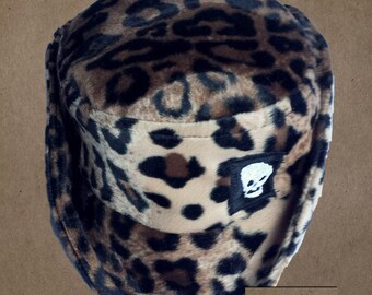 Faux fur Leopard cowboy and bucket hat with embroidered skull patch. For toddlers or babies with big heads