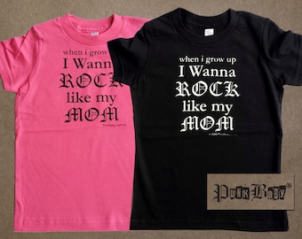 I Wanna Rock Like My Mom hand screen printed black or hot pink, kids, cotton jersey tee for Mom's toddler sidekick