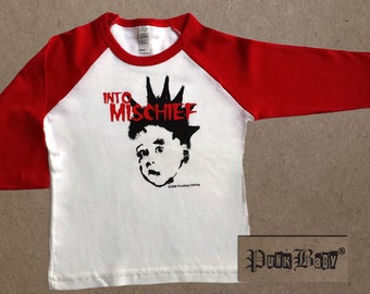 Into Mischief hand screen printed, red/white, kids baseball tee, for Misfits & punk fans