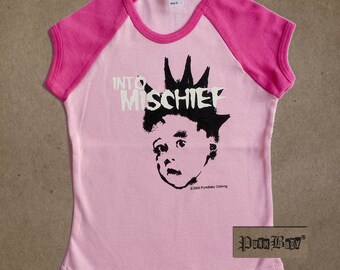 Into Mischief hand screen printed hot pink/light pink short sleeve, kids, baseball tee for punk & Misfits toddlers