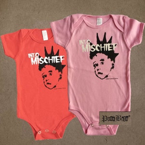 Into Mischief hand screen printed, red or pink, cotton infant onesie for Misfits & punk fans image 1