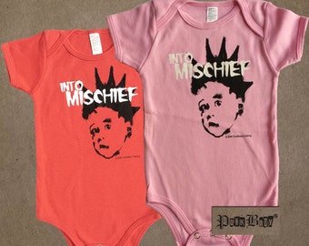 Into Mischief hand screen printed, red or pink, cotton infant onesie for Misfits & punk fans