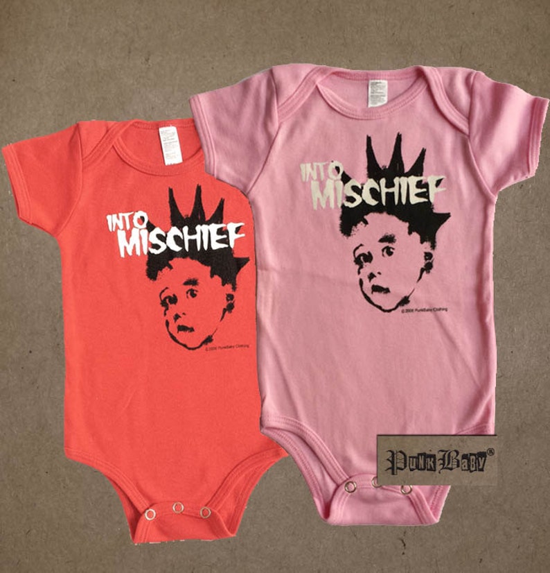Into Mischief hand screen printed, red or pink, cotton infant onesie for Misfits & punk fans image 1